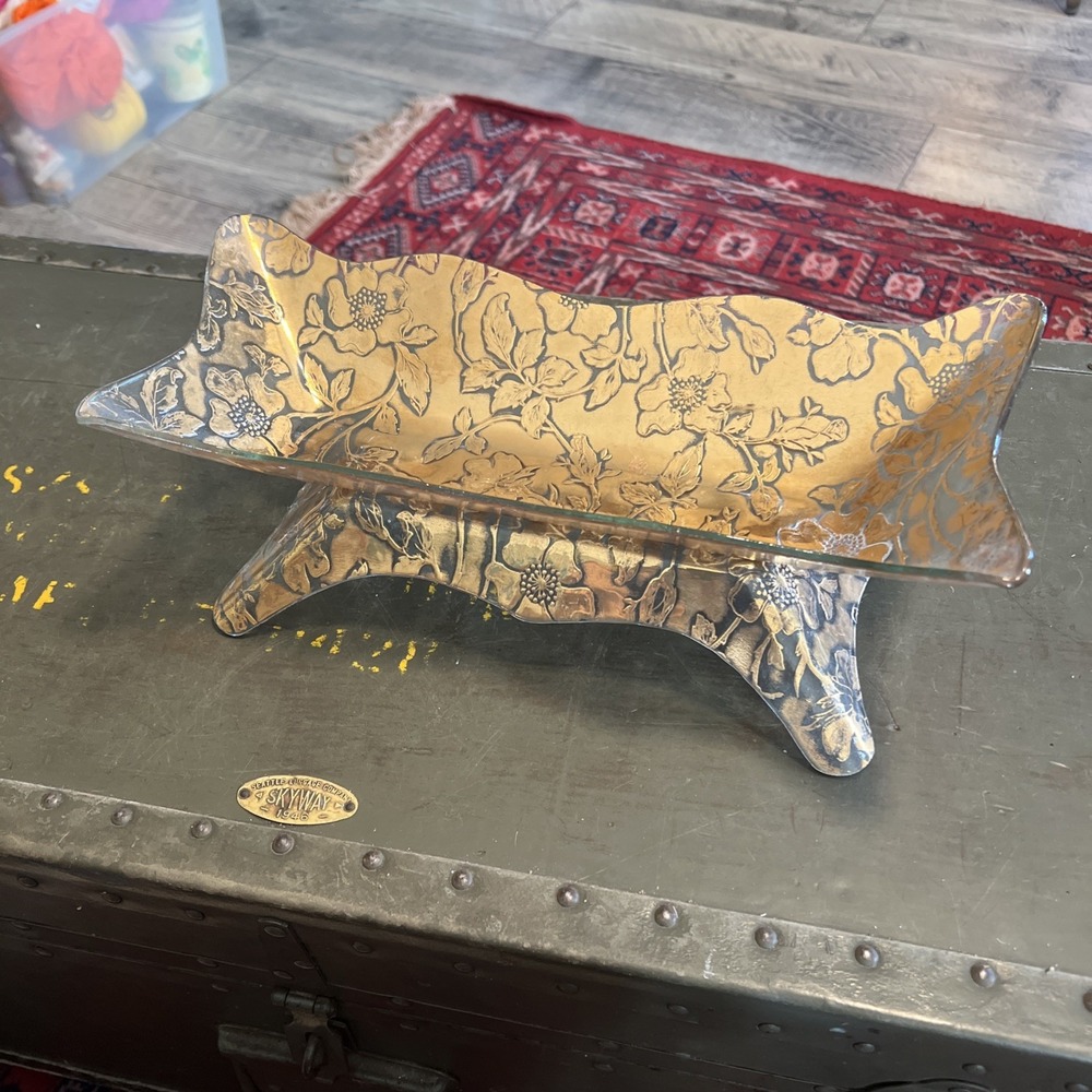 MidCentury Modern Glass ServeTray Gold Leaf Graphics HollywoodRegency 1960s